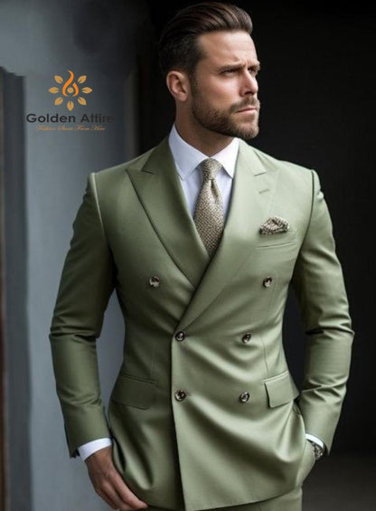 Sage Green Double Breasted Suit, Custom Three Piece Wedding Suit