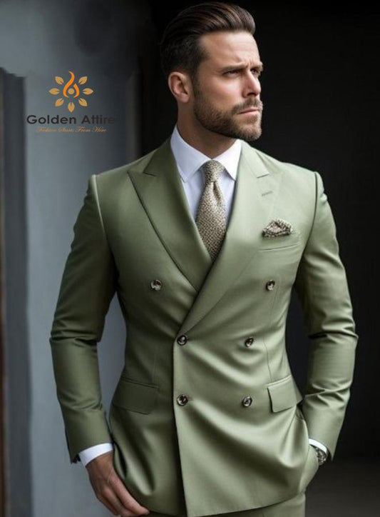 Sage Green Double Breasted Suit, Custom Three Piece Wedding Suit