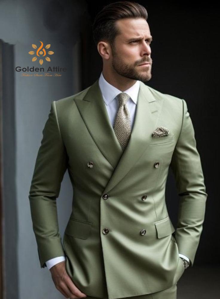 Sage Green Double Breasted Suit, Custom Three Piece Wedding Suit