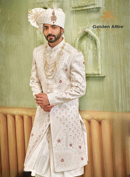 Pristine White Groom Sherwani, Indian Wedding Outfit