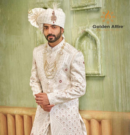 Pristine White Groom Sherwani, Indian Wedding Outfit