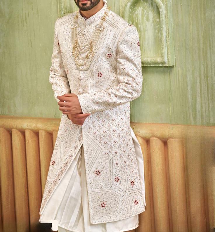 Pristine White Groom Sherwani, Indian Wedding Outfit