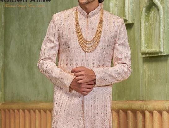 Rose Gold Sherwani, Men's Wedding Maharaja Suit