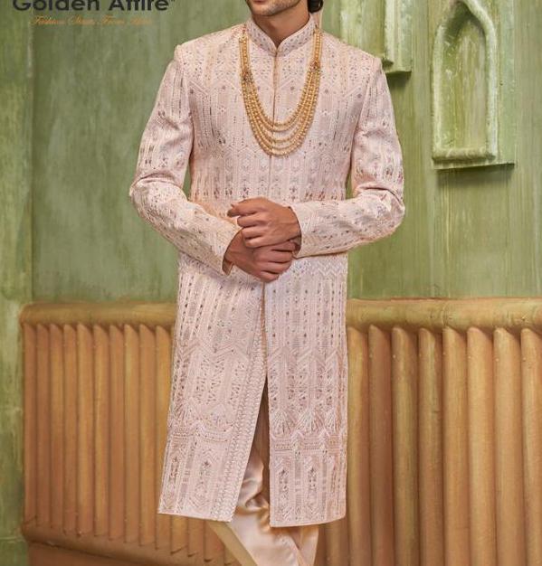Rose Gold Sherwani, Men's Wedding Maharaja Suit