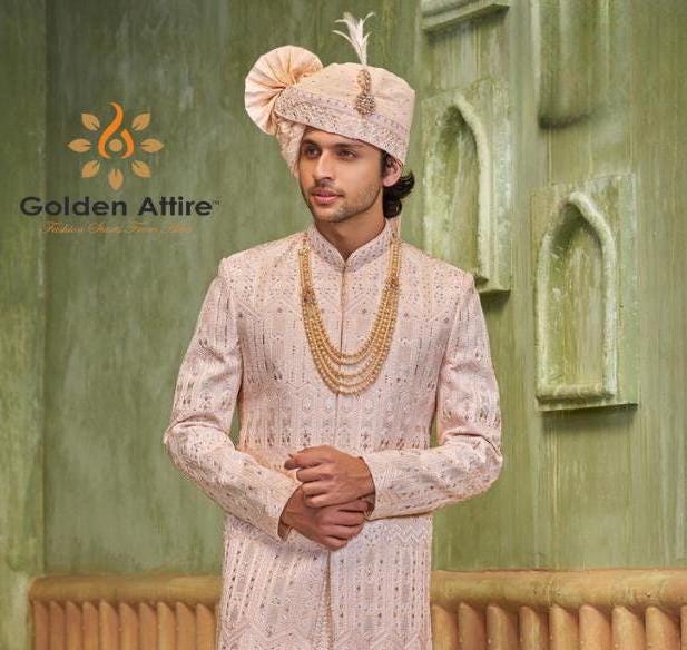 Rose Gold Sherwani, Men's Wedding Maharaja Suit