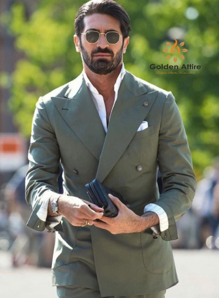 Green Double Breasted Men's Suit, Classic Wedding Groom Suit