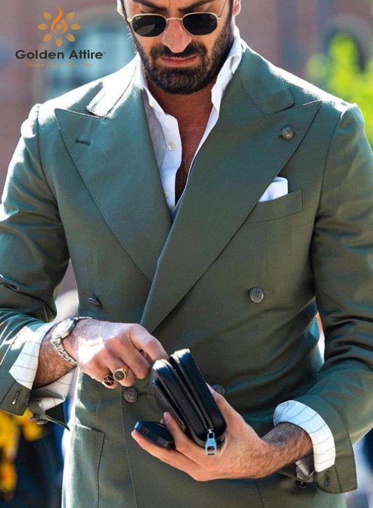 Green Double Breasted Men's Suit, Classic Wedding Groom Suit