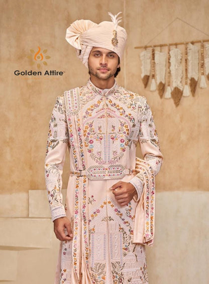 Rosewater Pink Sherwani for Groom, Handcrafted Classic Suit