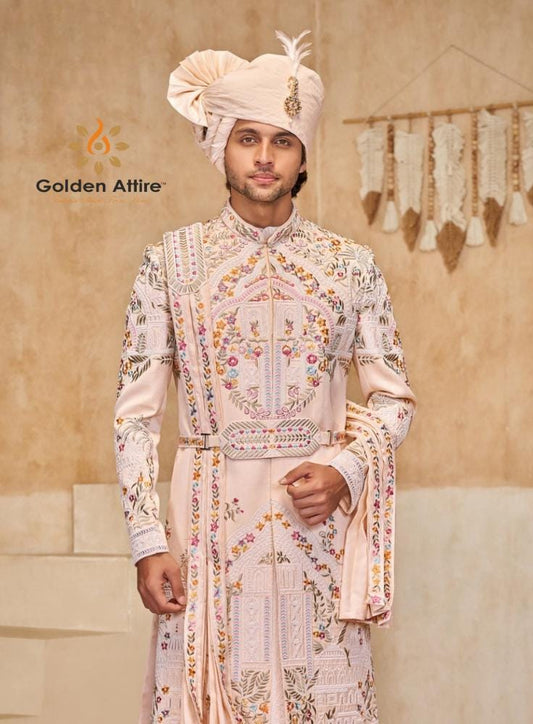Rosewater Pink Sherwani for Groom, Handcrafted Classic Suit