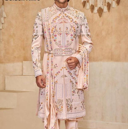 Rosewater Pink Sherwani for Groom, Handcrafted Classic Suit