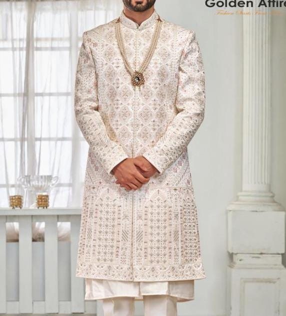 Warm White Sherwani for Men, Indian Wedding Outfit, Groom Attire