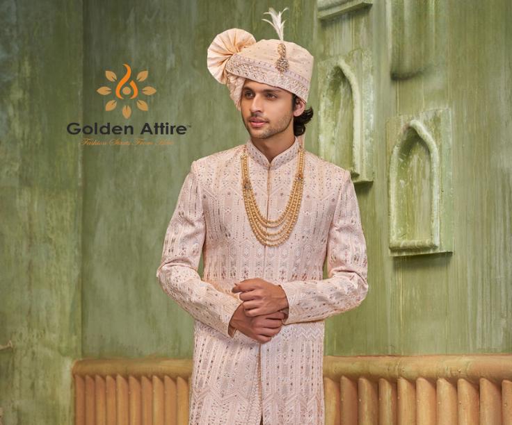 Rose Gold Sherwani, Men's Wedding Maharaja Suit