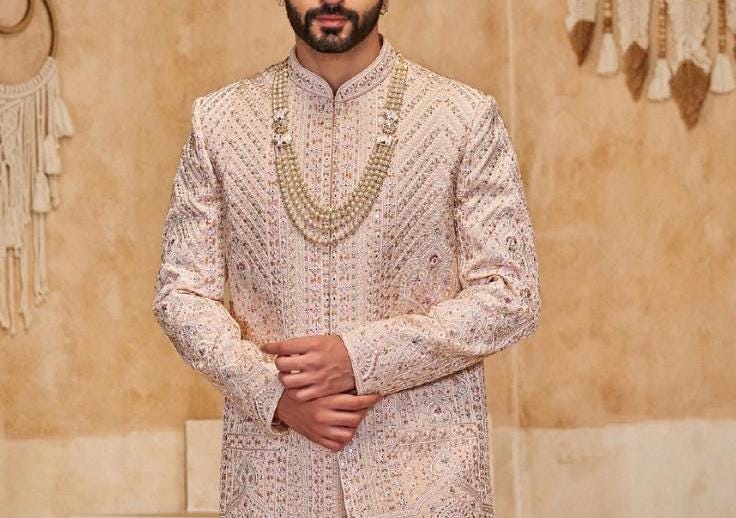 Exquisite Pastel Pink Groom Sherwani: Indian Wedding Outfit