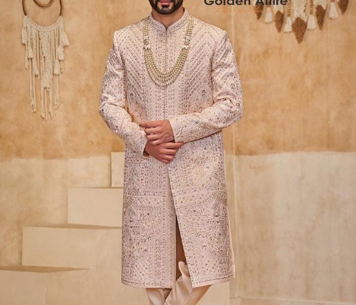 Exquisite Pastel Pink Groom Sherwani: Indian Wedding Outfit