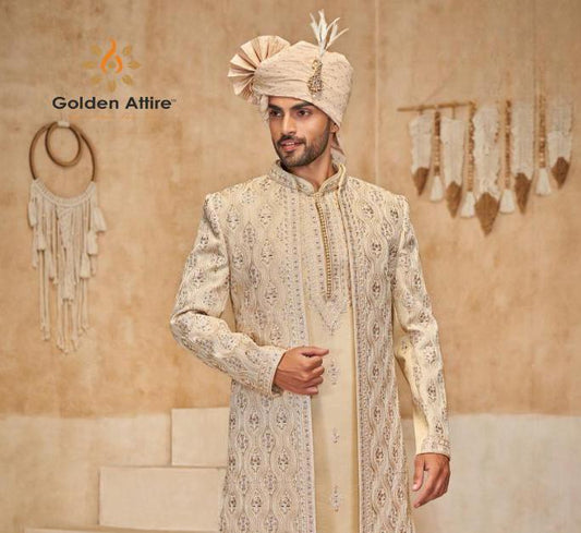 Beige Wedding Sherwani, Indian Groom Outfit, Full Set