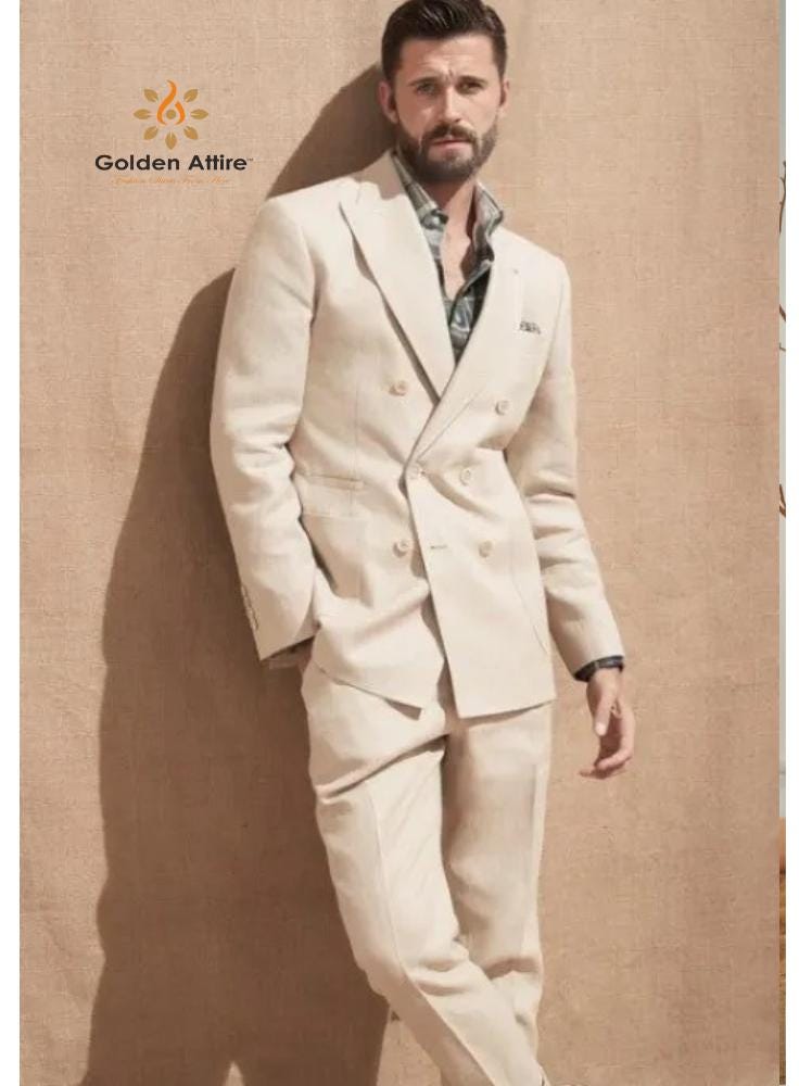 Linen Double Breasted Suit, Beige Slim Fit 2-Piece