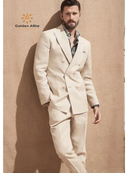 Linen Double Breasted Suit, Beige Slim Fit 2-Piece