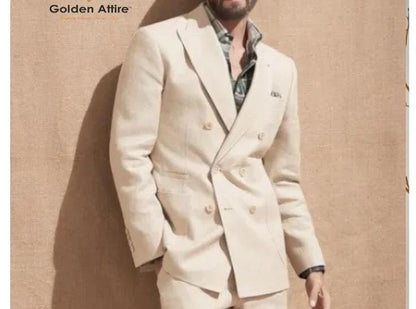 Linen Double Breasted Suit, Beige Slim Fit 2-Piece