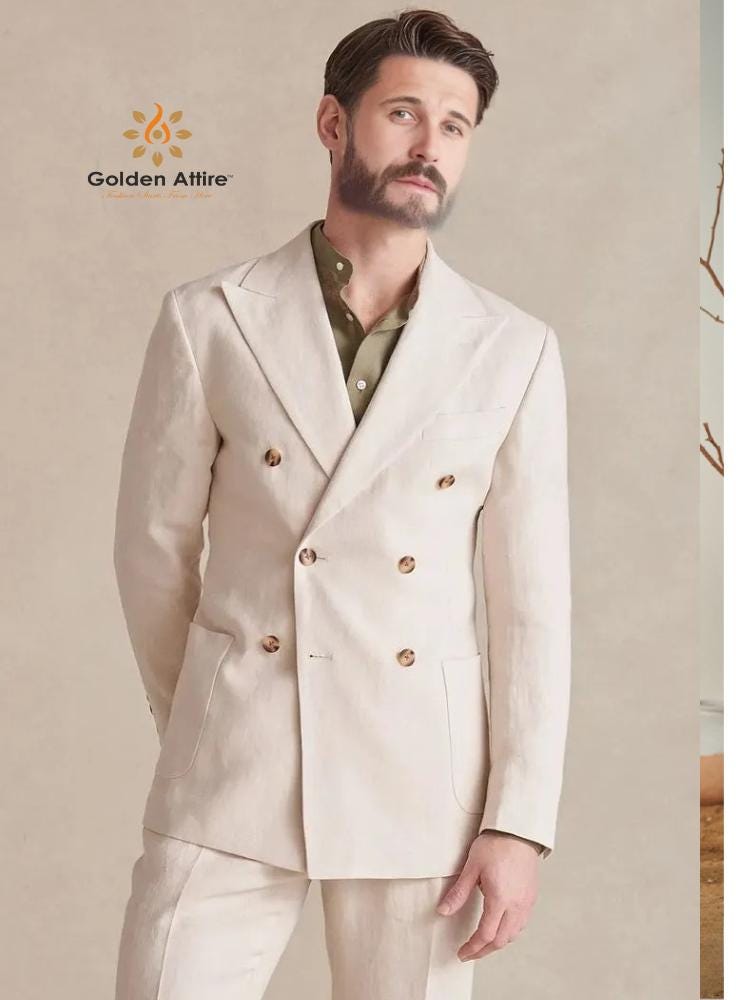 Cream Linen Double Breasted Suit, Slim Fit Wedding Groom Suit