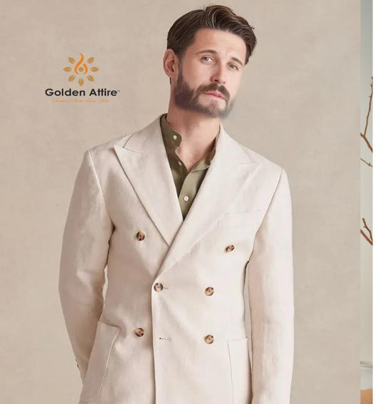 Cream Linen Double Breasted Suit, Slim Fit Wedding Groom Suit