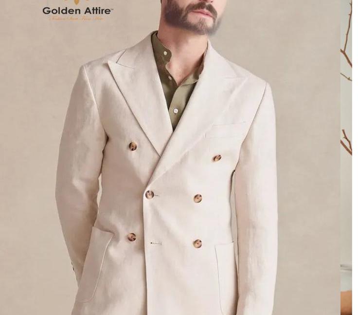 Cream Linen Double Breasted Suit, Slim Fit Wedding Groom Suit