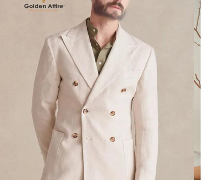 Cream Linen Double Breasted Suit, Slim Fit Wedding Groom Suit