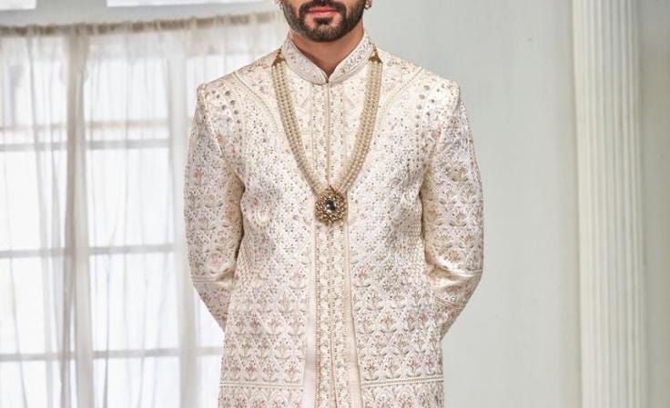 Ethereal White Sherwani, Double Layer Groom Outfit, Wedding Attire