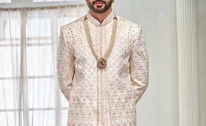 Ethereal White Sherwani, Double Layer Groom Outfit, Wedding Attire