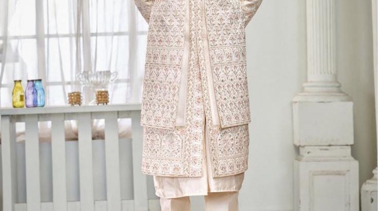 Ethereal White Sherwani, Double Layer Groom Outfit, Wedding Attire