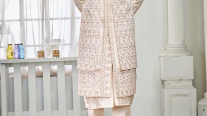 Ethereal White Sherwani, Double Layer Groom Outfit, Wedding Attire