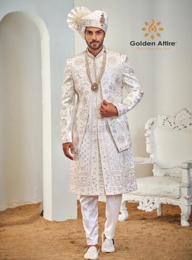 White Sherwani: Double Layer Wedding Groom Dress