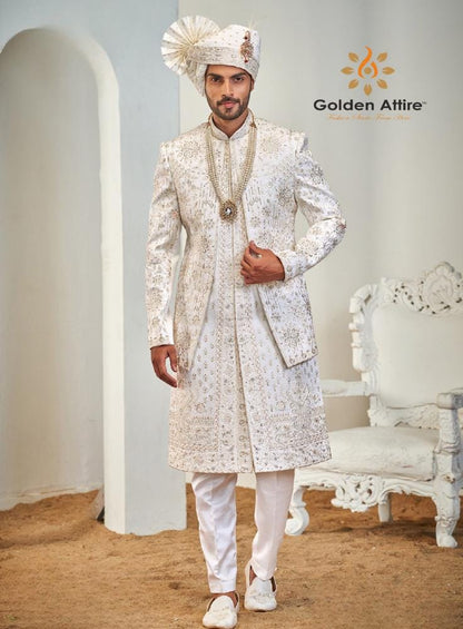 White Sherwani: Double Layer Wedding Groom Dress