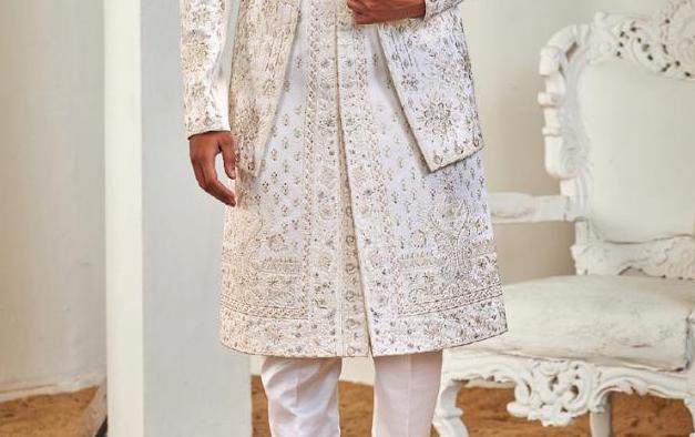 White Sherwani: Double Layer Wedding Groom Dress