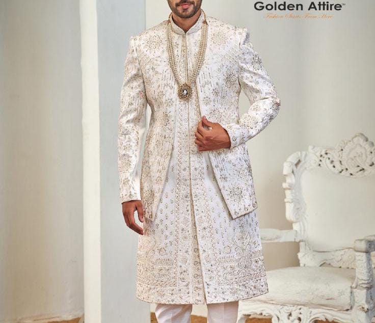 White Sherwani: Double Layer Wedding Groom Dress