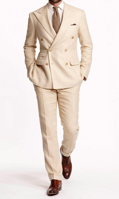 Beige Linen Double Breasted Suit: Slim Fit Men's 2-Piece Wedding Suit