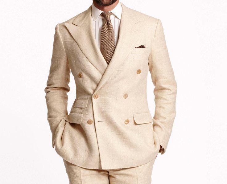 Beige Linen Double Breasted Suit: Slim Fit Men's 2-Piece Wedding Suit