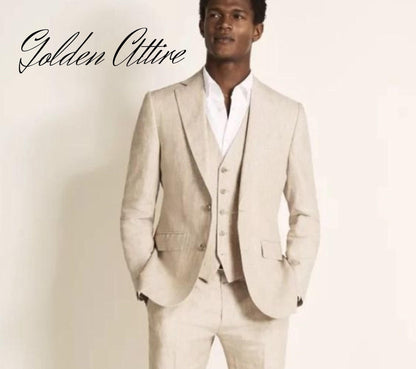 Golden Attire Beige Linen 3 Piece Groom Suit, Custom Fit Wedding Suits