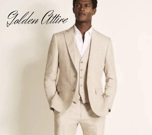 Golden Attire Beige Linen 3 Piece Groom Suit, Custom Fit Wedding Suits