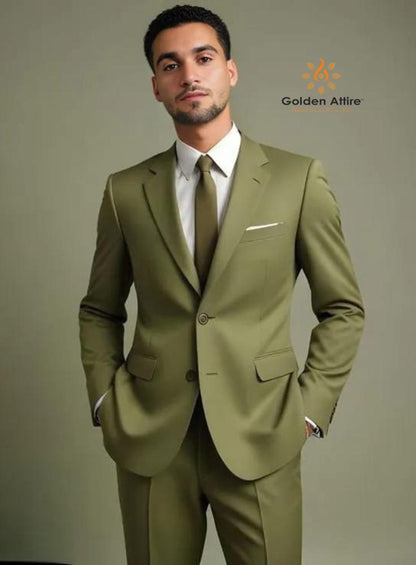 Men's Olive Green Three Piece Wedding Suit, Stylish Fit