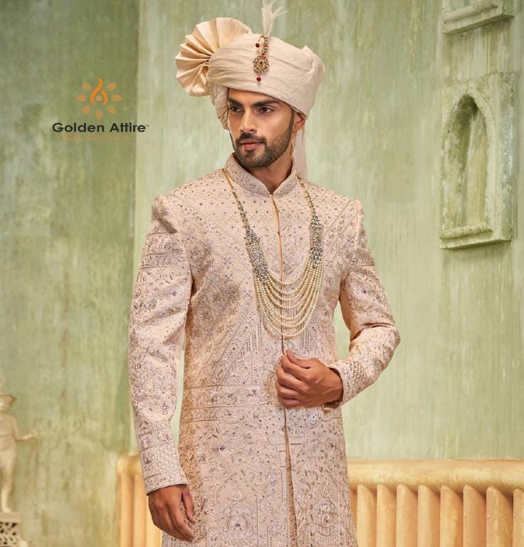 Blush Pink Embellished Sherwani Set: Indian Groom Outfit