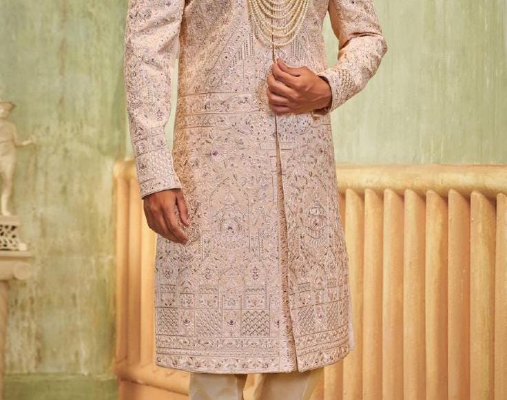 Blush Pink Embellished Sherwani Set: Indian Groom Outfit