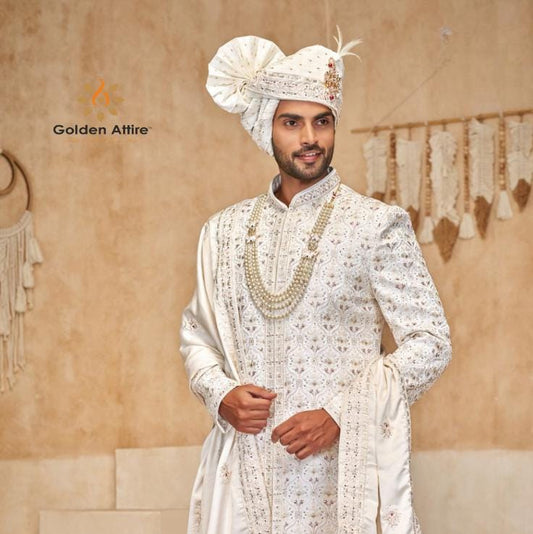 Antique White Sherwani for Men, Indian Groom Outfit