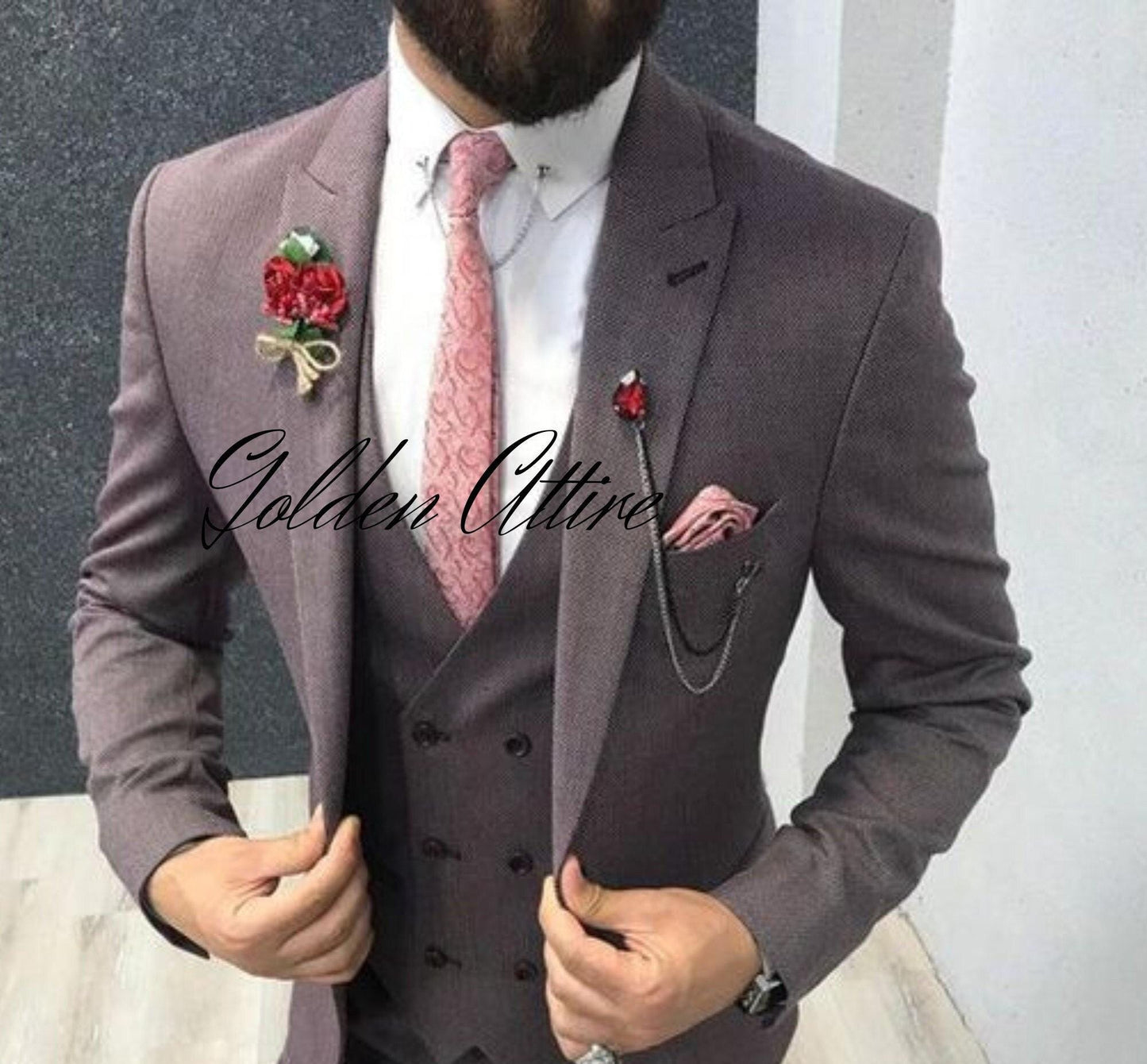 Dusty Rose 3-Piece Suit: Men's Wedding Groom Bespoke Attire