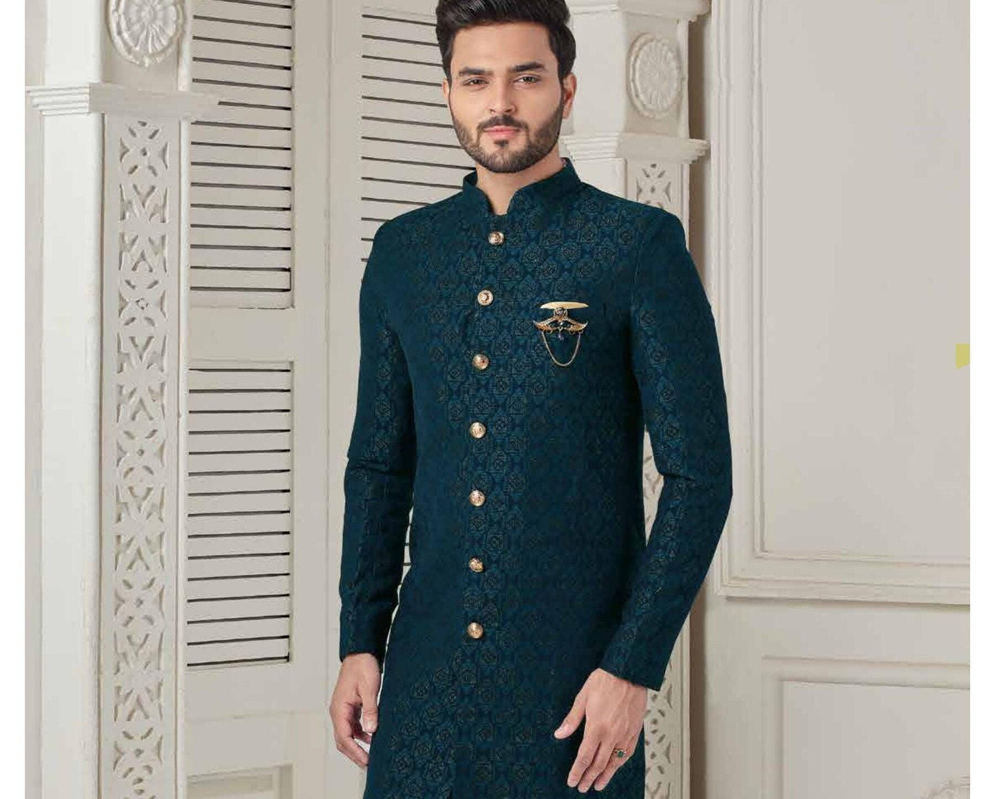 Peacock Blue Groom Achkan, Jacquard Indo-Western Wedding Outfit