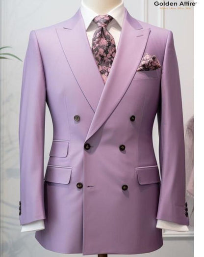 Light Purple Double-Breasted Suit, Wedding Groomsmen Suit