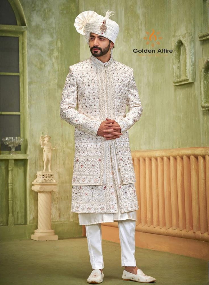 Handcrafted White Wedding Sherwani, Groom Outfit