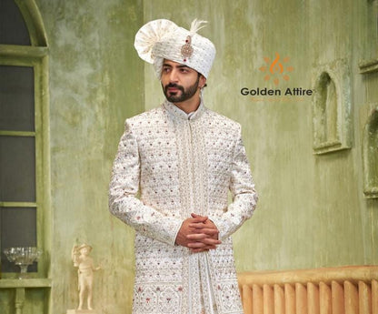 Handcrafted White Wedding Sherwani, Groom Outfit