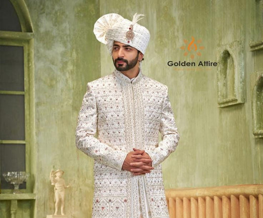 Handcrafted White Wedding Sherwani, Groom Outfit