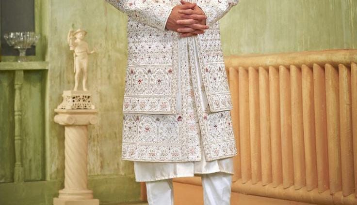 Handcrafted White Wedding Sherwani, Groom Outfit