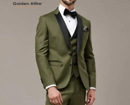 Olive Green 3-Piece Suit: Black Shawl Lapel Tuxedo Suit